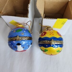 Vintage Ornament Duo Hinged Porcelin Boxes - Blue and Yellow. Flag/Snowman
